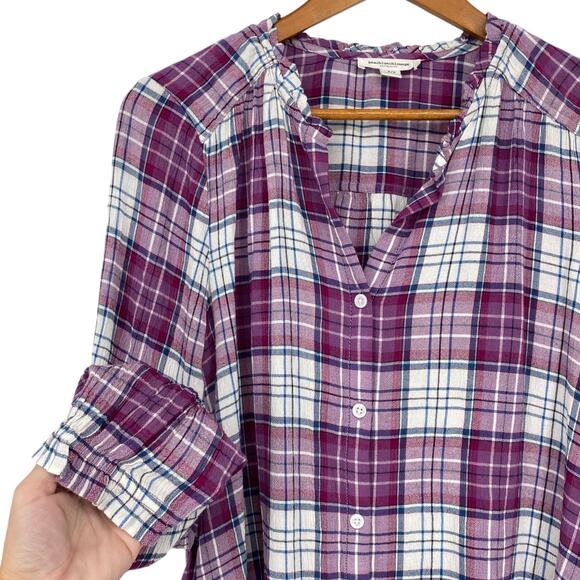 BEACHLUNCHLOUNGE 100% Rayon Button Down Tunic Blouse Plaid Purple Size Small - Picture 2 of 5